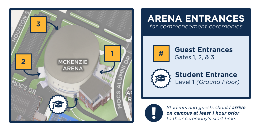 an image of a campus map showing the entrances designated for students and guests attending the commencement ceremonies at UTC's McKenzie Arena