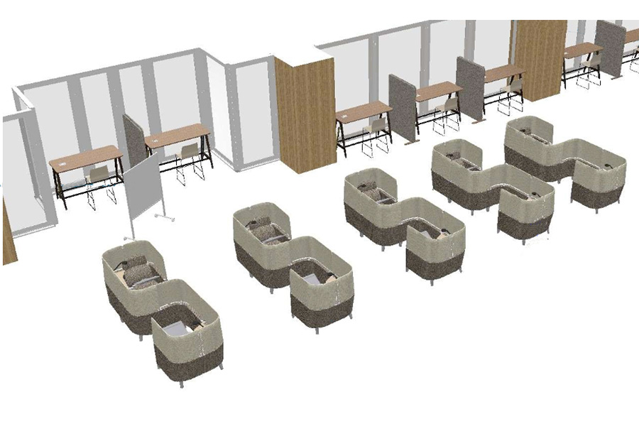 Artist's rendering of the plan for solo study spaces on the second floor of the UTC Library