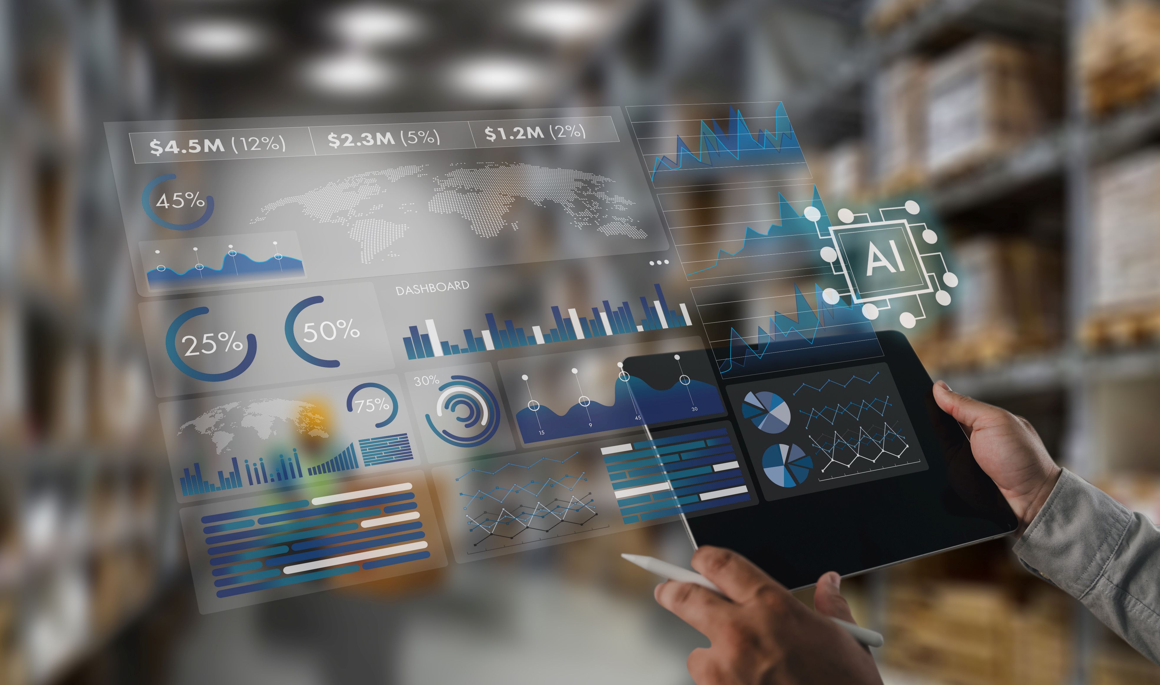 AI-powered business analytics dashboard above a tablet in a warehouse, displaying real-time inventory, logistics, supply chain metrics, data visualization, and automation insights.