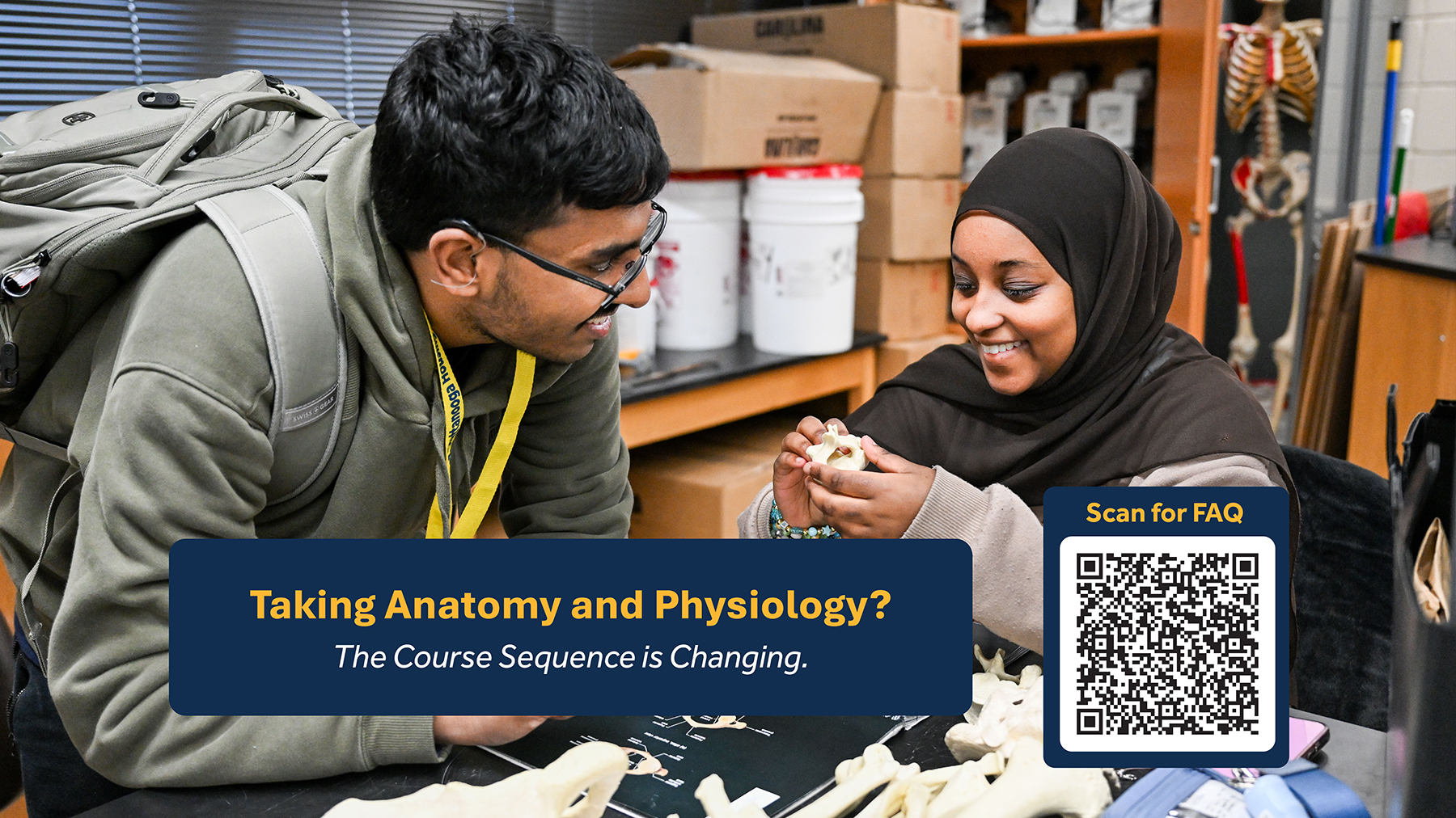 Anatomy and Physiology courses are changing. More information on the FAQ page accessed by the QR code.