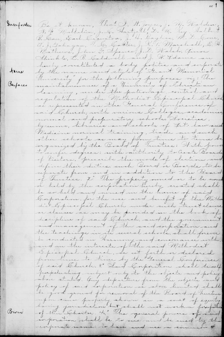 Grant University Board of Trustees charter of incorporation and certificates of probate and registration, 1889-1907. Courtesy of the University of Tennessee at Chattanooga Special Collections.