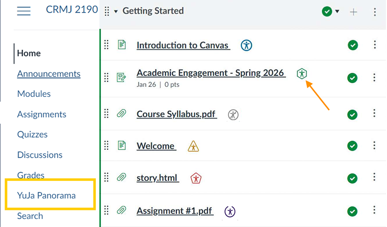 A screenshot of the Canvas course menu highlighting the YuJa Panorama link.