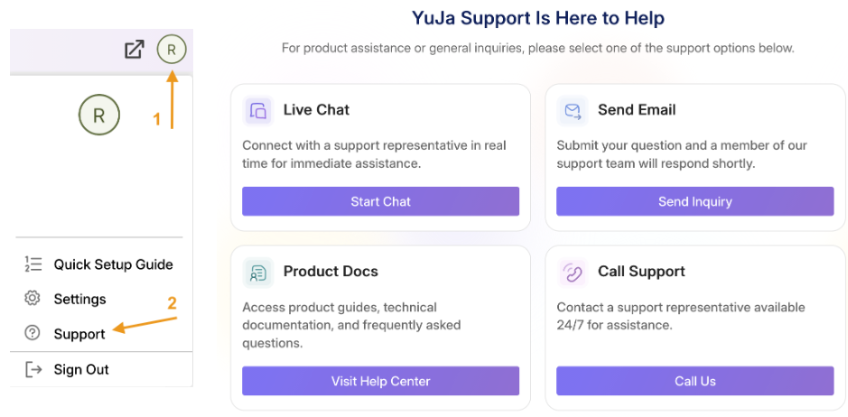 A screenshot showing the support options for YuJa Panorama including live chat, docs, email, and phone.