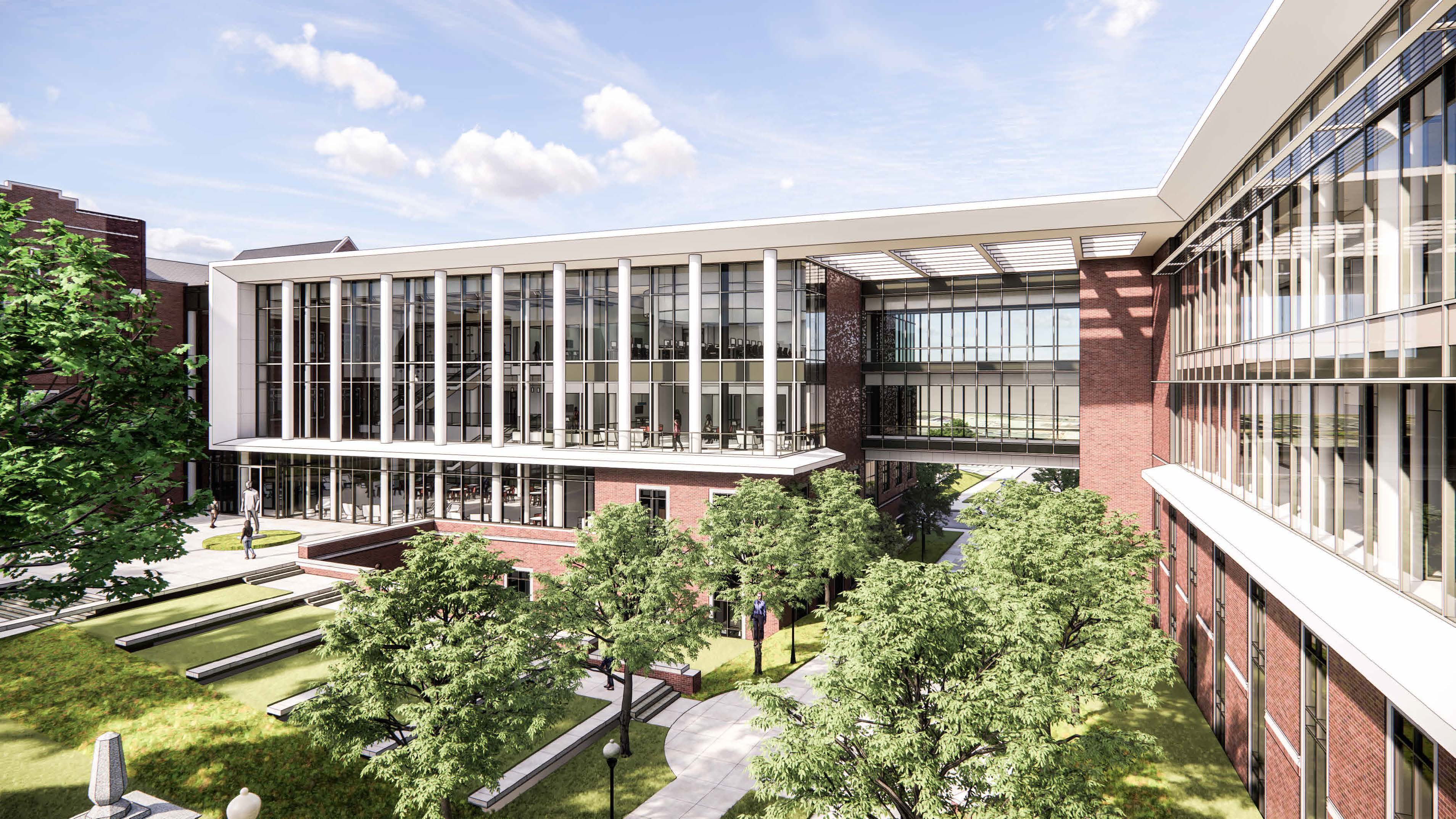 A rendering of the future addition to Fletcher Hall. It shows a multi-story building with windows and green space outside. 