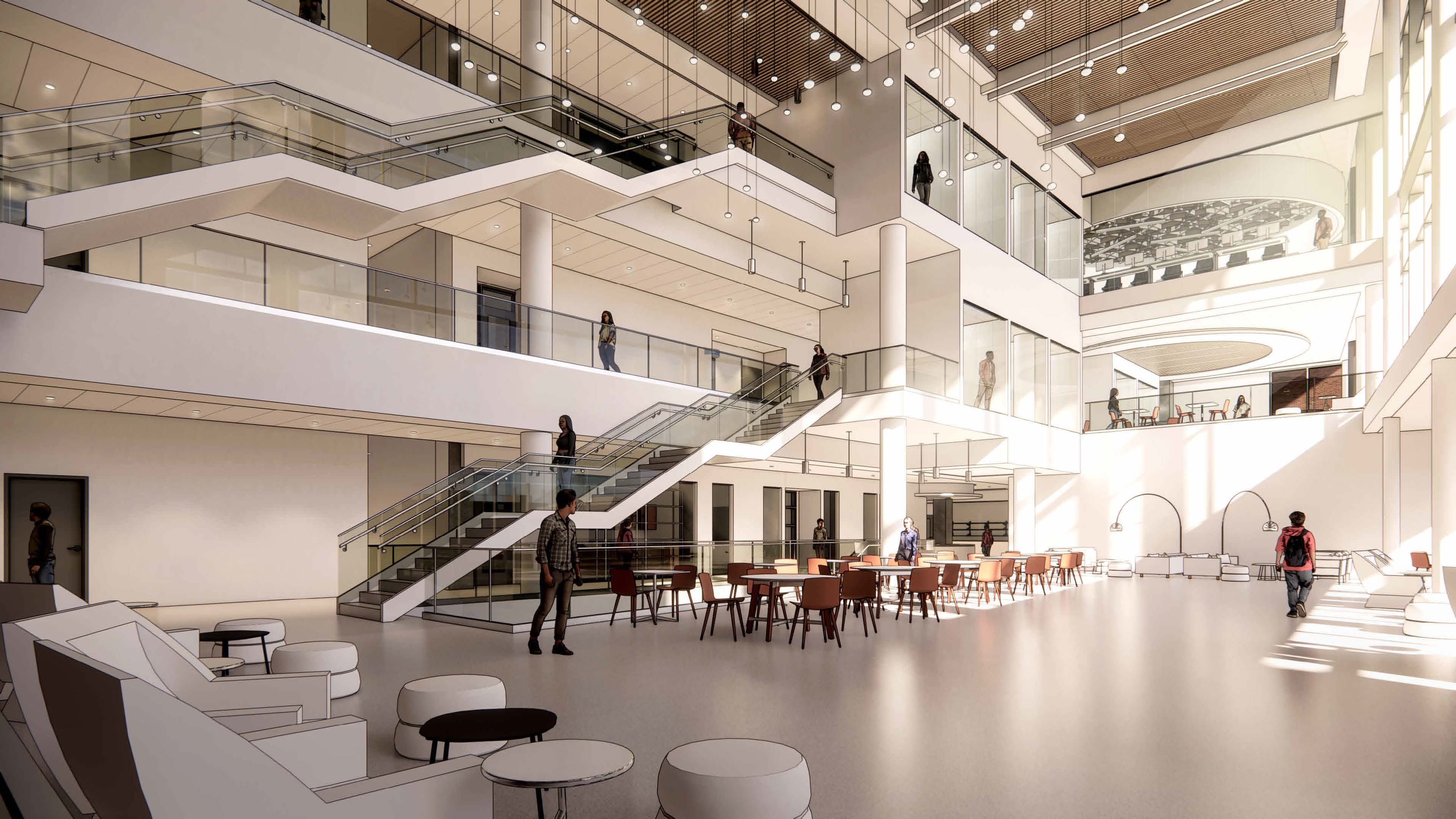 A rendering of the future addition to Fletcher Hall. It shows the inside of the building with high ceilings and modern amenities.