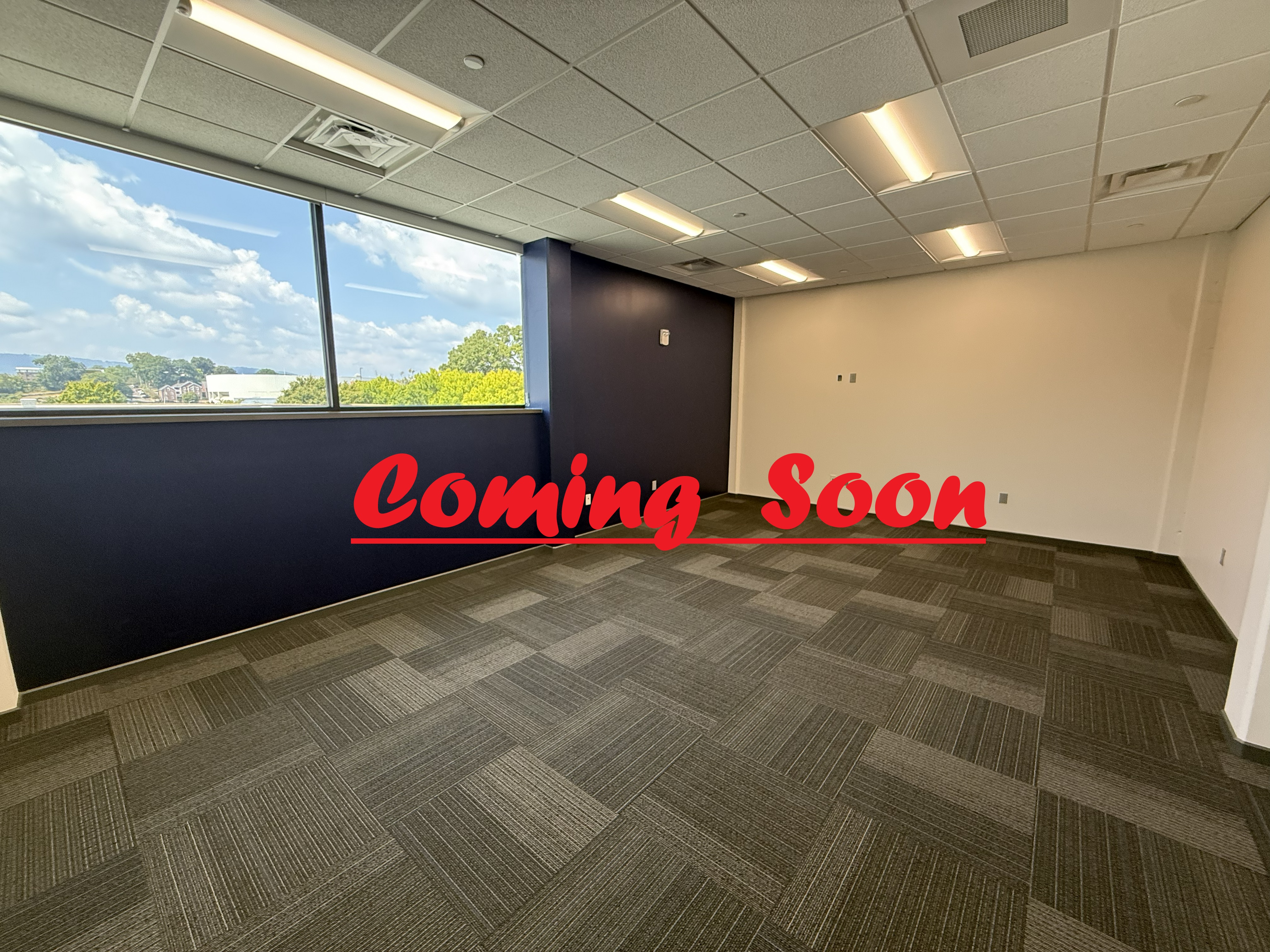A picture of room 310 in the University Center. The room is empty with only the carpet, window, and walls being shown. The words "Coming Soon" have been placed on the picture. 