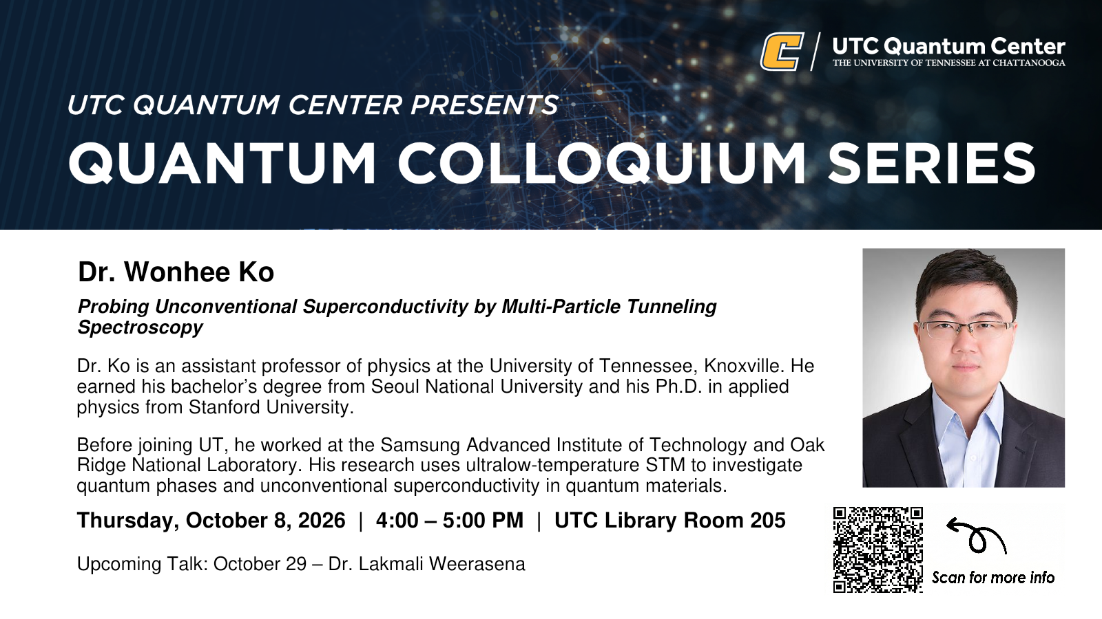 Quantum Colloquium Series Image for October 8, 2026. Speaker: Dr. Wonhee Ko