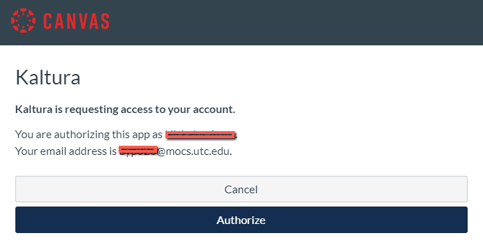 Screenshot showing the prompt to authorize your account for use with Kaltura