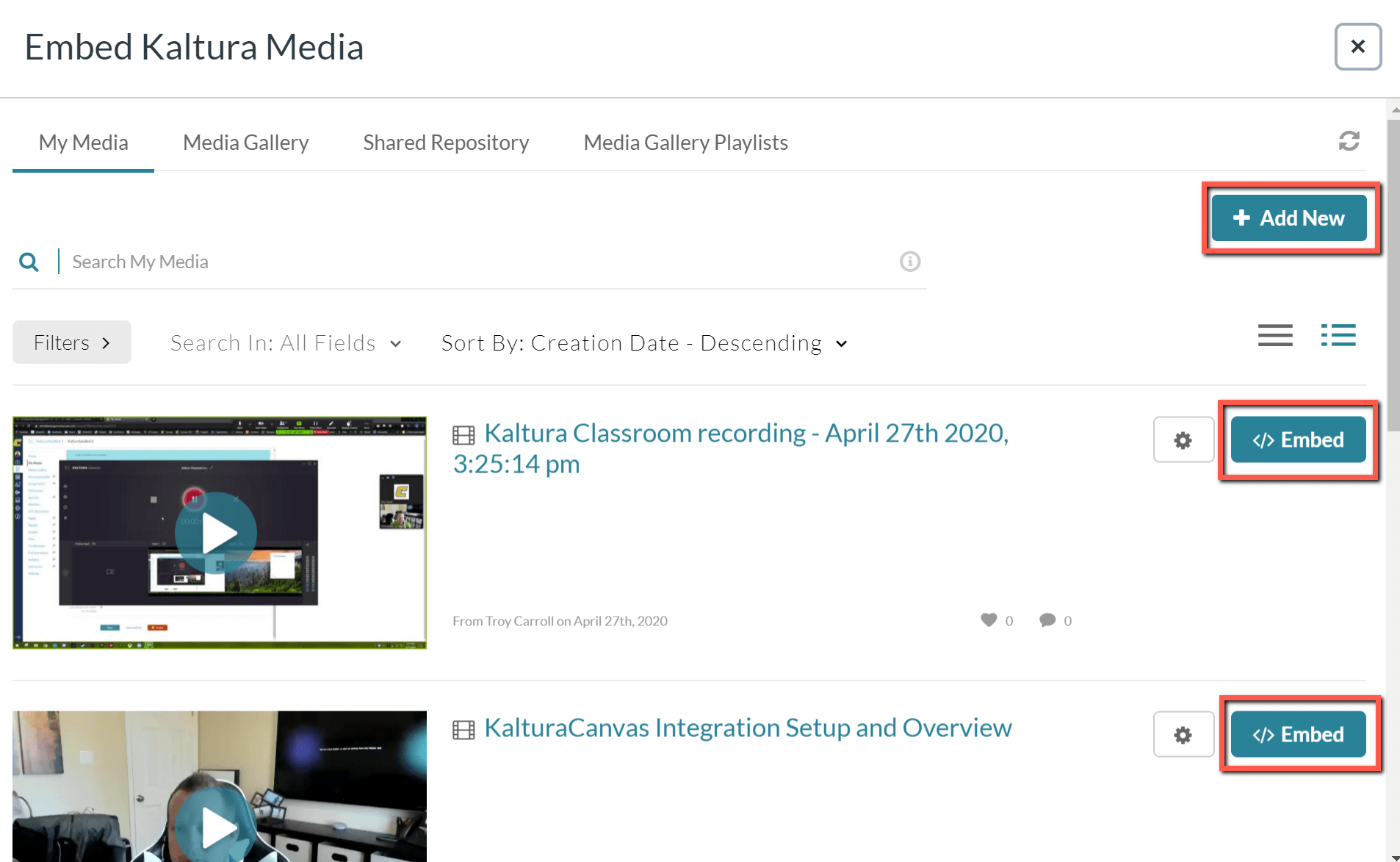 a screenshow showing the kaltura galleries where you can select the content to embed