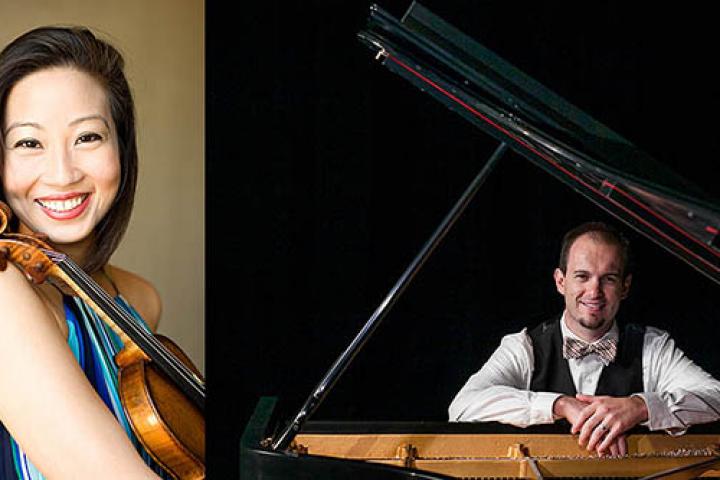 Woman smiling with violin split image with man at piano