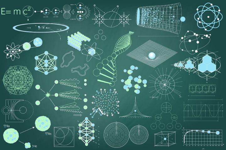green chalkboard with many different physics contstructs