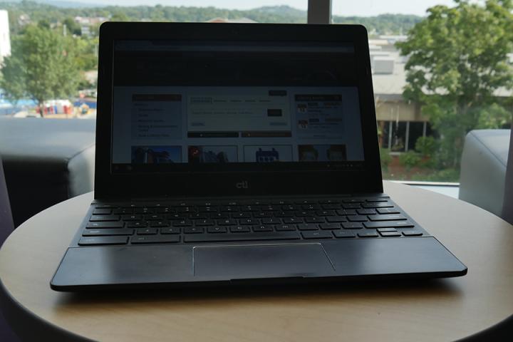 chromebook open on table