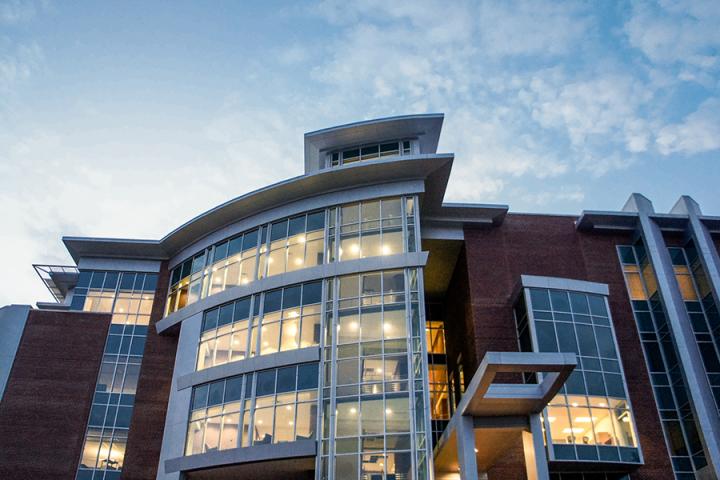 library exterior at dusk