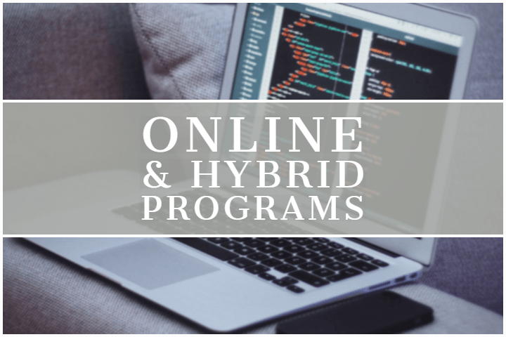 laptop with  the words Online and hybrid programs overlaid