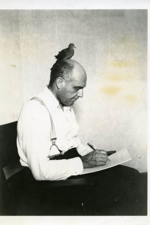 Photo of Robert Sparks Walker and his bird, Noah perched on the author’s head.