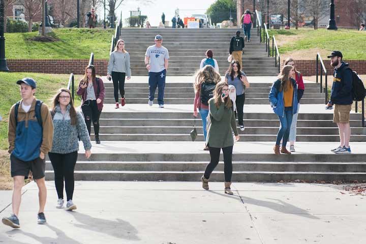 Cardiac Hill with lots of students walking around