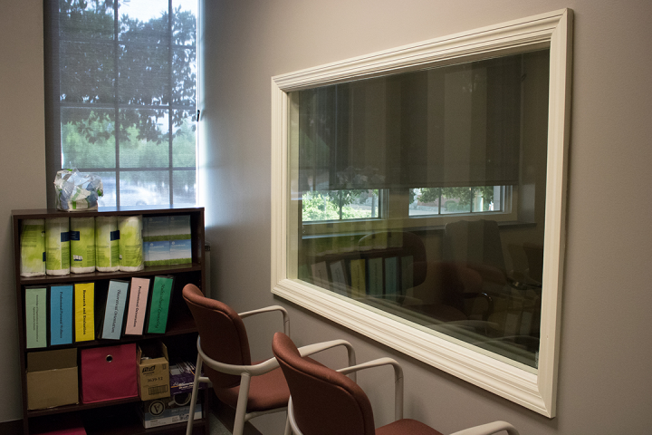 two way mirror allows instructors to watch observe room