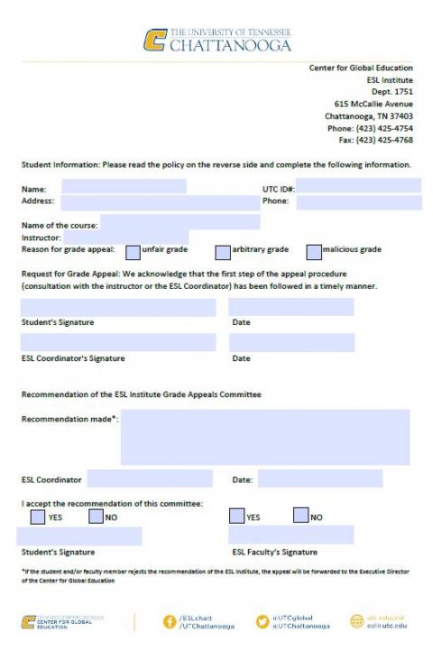 Grade Appeal Form Picture ESL