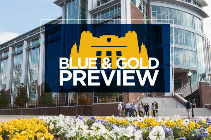 Blue and Gold Preview over a photo of the library