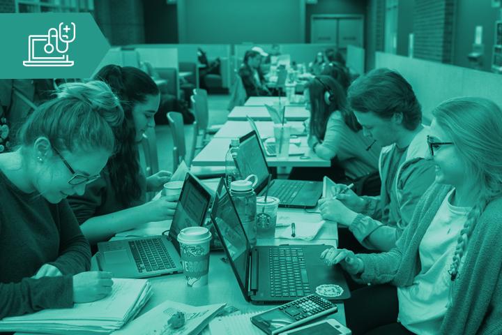 Pre-Health tile of students on laptops