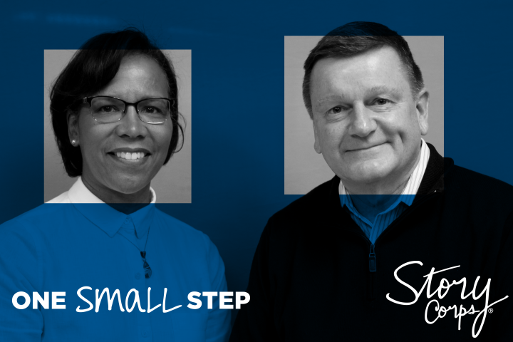OSS Blue a man and a woman part of one small step