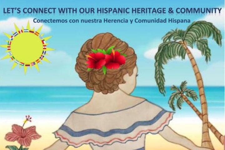 Let's connect with our hispanic heritage & community with background cartoon of a woman on a beach