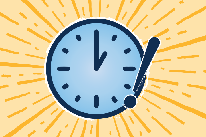 A cartoon clock with an exlamation mark over it