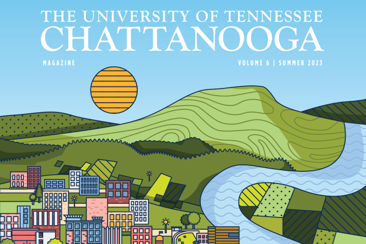 2023 UTC Magazine Summer Edition Cover Snippet. Depicts the city of Chattanooga - city buildings, the river, and the mountain line.