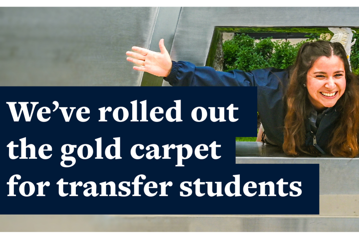 Brochure cover titled "We've rolled out the gold carpet for transfer students"