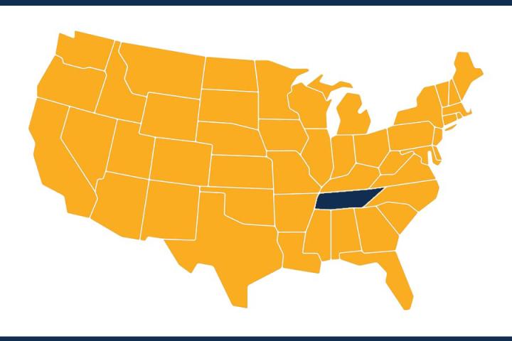 graphical state map of the usa with tennessee in blue and the rest in gold