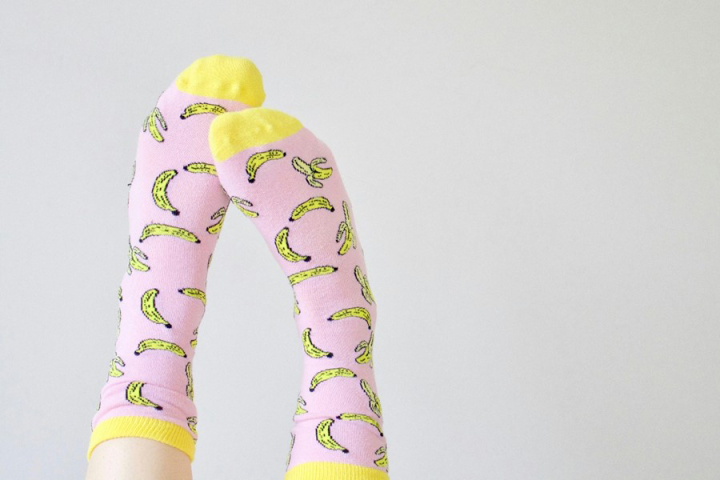 Photograph of a pair of banana-printed socks