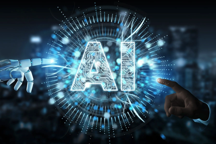 An AI hand meets a human hand towards virtual AI wordmark.
