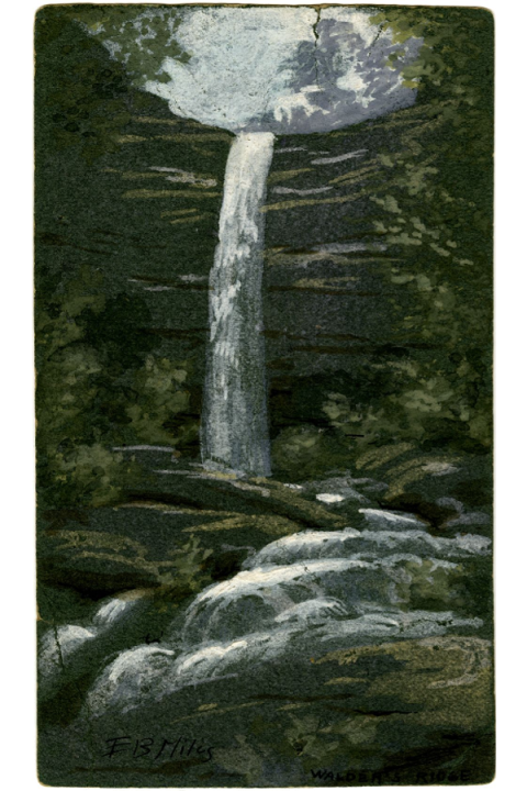 Waterfall landscape oil painting postcard, undated, by Emma Bell Miles