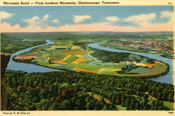 Moccasin Bend-from Lookout Mountain, Chattanooga, Tennessee postcard, circa 1958-1979 Moccasin Bend-from Lookout Mountain, Chattanooga, Tennessee postcard, circa 1958-1979