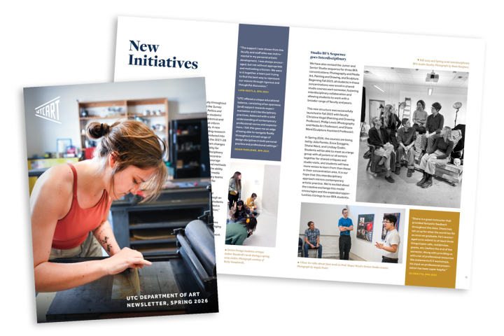 cover and open spread of spring newsletter, with images showing a student using a letterpress, faculty in a studio space, and students presenting artwork hanging against a wall
