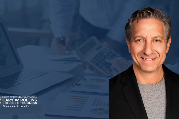 Photo of Caleb Silver with a picture of people working with calculators in the background and a Rollins College of Business logo in the bottom left corner.