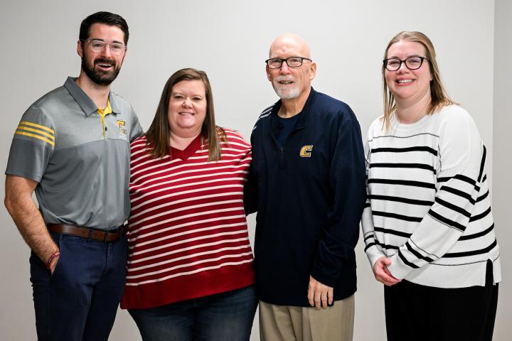 Associate Director for Campus Recreation Corbin Hedges, Moc’s Golden Feather Award winner Melissa Laseter, Provost Jerold Hale and Assistant Vice Chancellor of Student Success Stacie Grisham.