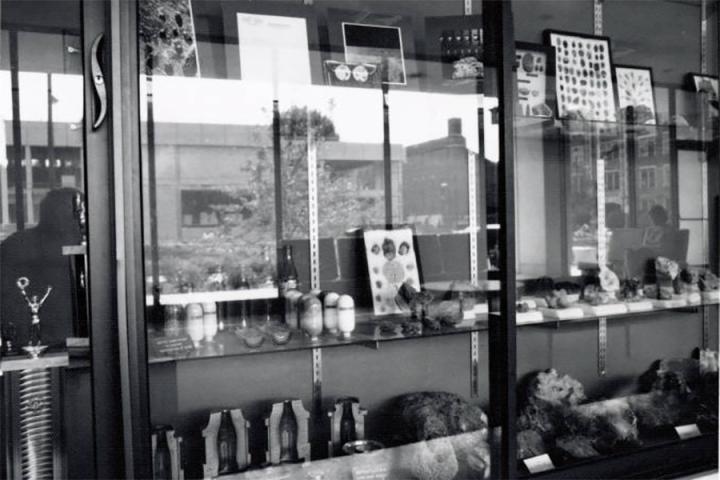 Black-and-white photograph of a display case found in Brock Hall. The photograph is dated "JUN 73."