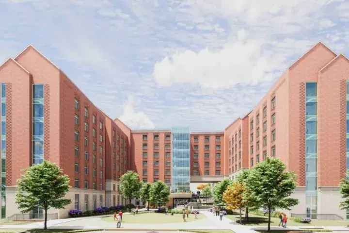 Extrior of brick residence hall with U shaped structure