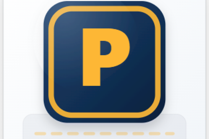 Gold P in a blue square with golden trim