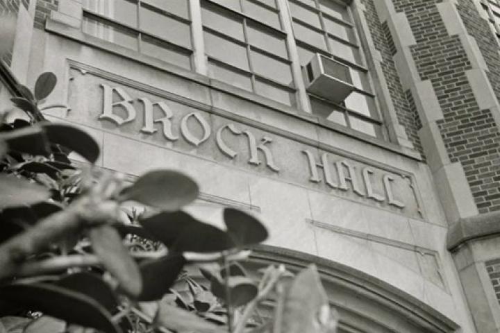 A black-and-white photo of a building exterior