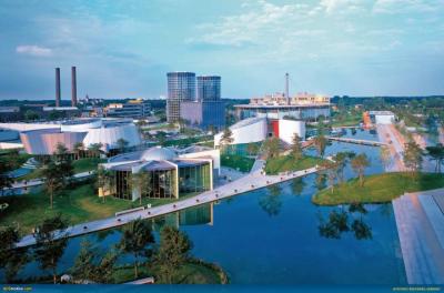 View of Autostadt bridges and city on water