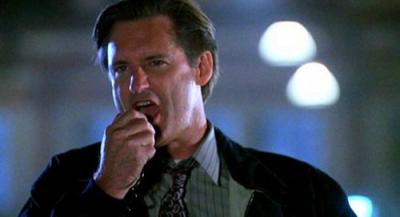 Bill Pullman as fictional U.S. President Thomas J. Whitmore in the film Independence Day delivering a speech to assembled troops before a battle