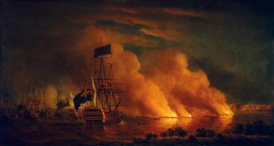 French ships on fire off Quebec during the Battle of Quebec, September 13, 1759, in the French and Indian War