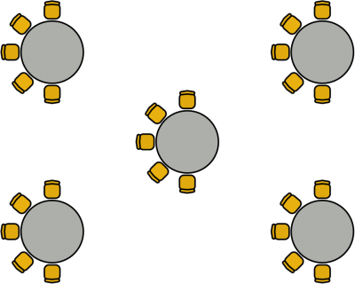 Round tables with chairs around half of the table, all facing one way
