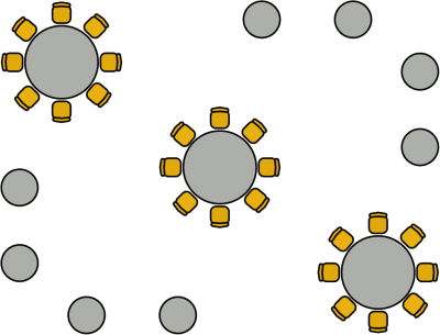 Round tables surrounded by chairs and standing tables