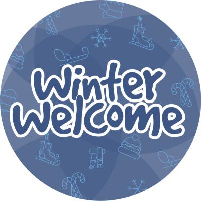 Winter Welcome on a blue background with small outlines images of snowflakes, hats, socks, and other winter related items