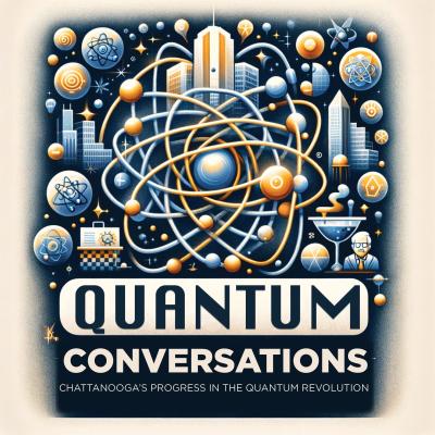 Quantum Conversations 2024 Blue and gold graphic featuring an atom surrounded by buildings and stars