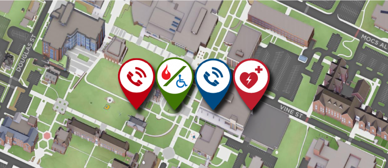 Safety Resources Map Preview Header Graphic showing a preview of locations of safety resources on campus.