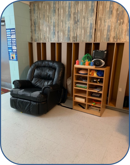 Couch and wall of interactive classroom